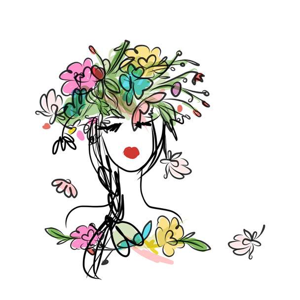 Женский портрет с цветочной прической для Вашего дизайна - Вектор,изображение
