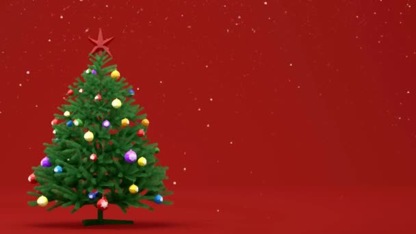 Animación de dibujos animados árbol de Navidad con juguetes se encuentra sobre un fondo rojo. Está nevando. Espacio para el texto. Representación 3D de la animación. - Metraje, vídeo