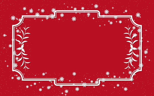 Christmas and New Year elegant red background with white frame, stars and snowflakes - Вектор,изображение