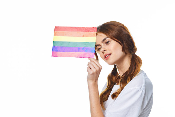 woman with lgbt flag transgender community light background - Фото, зображення