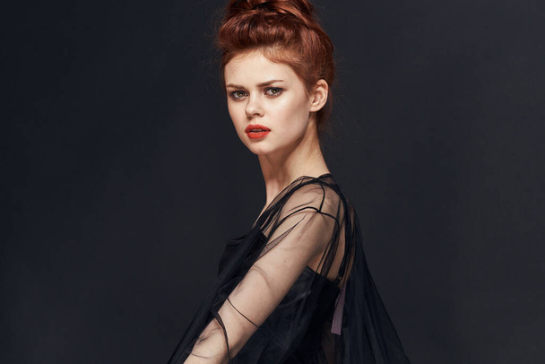 elegant woman in black dress posing cosmetics luxury - Fotó, kép