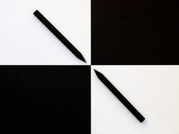 最小限の抽象的なパターン対称的な黒と白の紙と黒の反対側の鉛筆、モックアップ、コピースペース、トップビューフラットレイ - 写真・画像