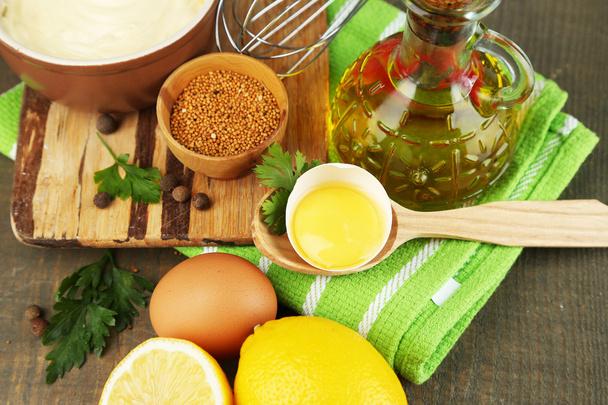 Mayonnaise ingredients on wooden background - Zdjęcie, obraz