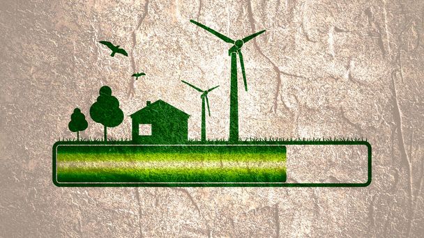 Progress or loading bar with trees, house and wind turbine - Foto, imagen