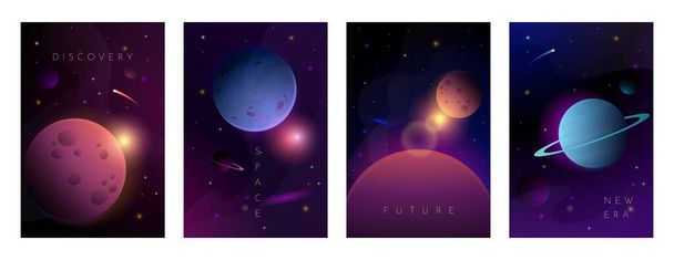 Vesmírné plakáty. Futuristické astronomické zázemí s planetami galaxie a asteroidy. Mlhovina a komety. Objev vesmíru. Sbírka science fiction. Vektorové galaktické transparenty nastaveny - Vektor, obrázek