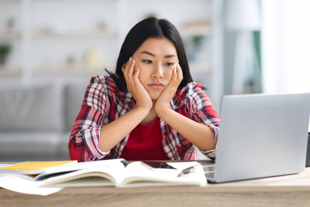 Online Education Problems. Tired Young Asian Student Lady Looking At Computer Screen - Photo, Image