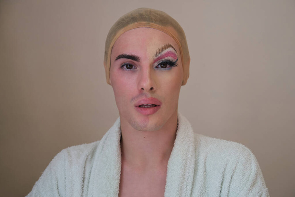 Half man half woman make up person. Drag queen person with and without make up. - Foto, Imagen