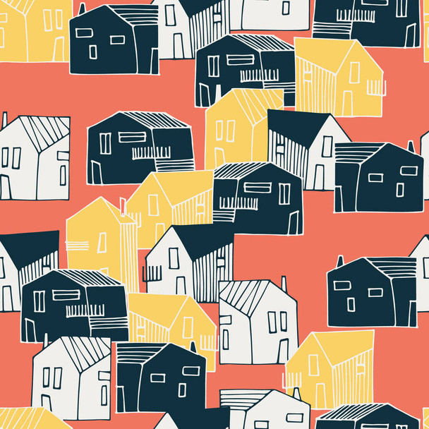 Seamless pattern with townscape in navy-blue and ochre color palette - Vektor, kép