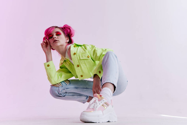 woman with pink hair youth style posing lifestyle neon - Φωτογραφία, εικόνα