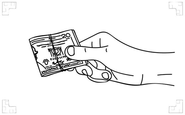 Hand hold a banknote. Money for Business, Stash, Bribe, Wealthy, Cash payment, Trading or Game bet. Line art business-finance. vector - Vektor, Bild