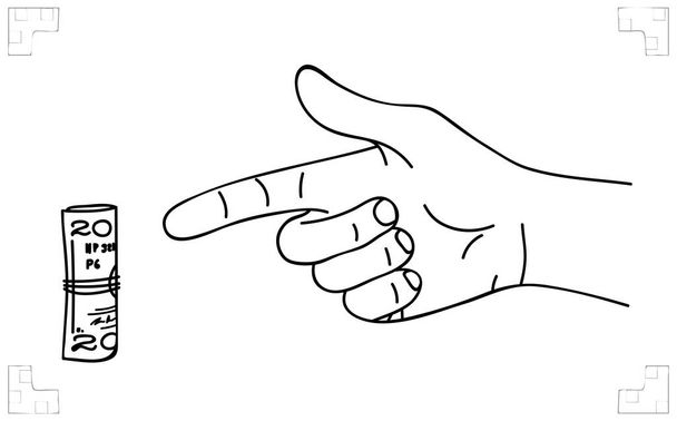 Finger of hand points to roll of banknotes. Budget planning. Problem or Finance crisis. Calculation of profit. Business concept, wealthy, cash payment, trading or bribe. Sketch, vector - Vektor, Bild