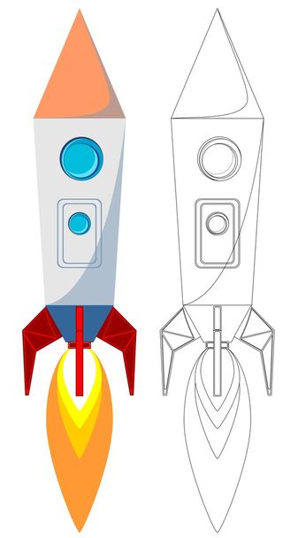 Flying Rocket with Illyuminotor and Flames from the Engine. Color, Contour vector - Vektor, obrázek