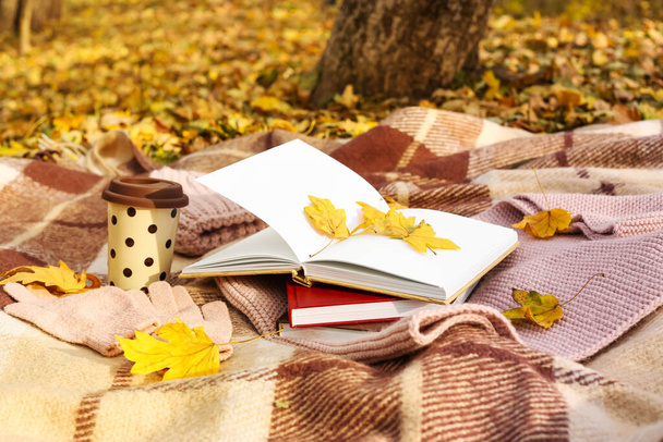Stapel boeken, beker met drank en gouden blaadjes op plaid in herfstpark - Foto, afbeelding