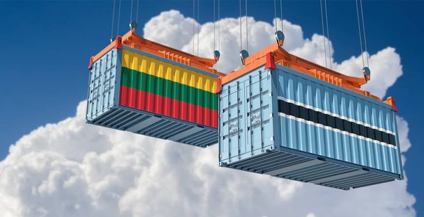 Freight containers with Botswana and Lithuania national flags. 3D Rendering  - Fotoğraf, Görsel
