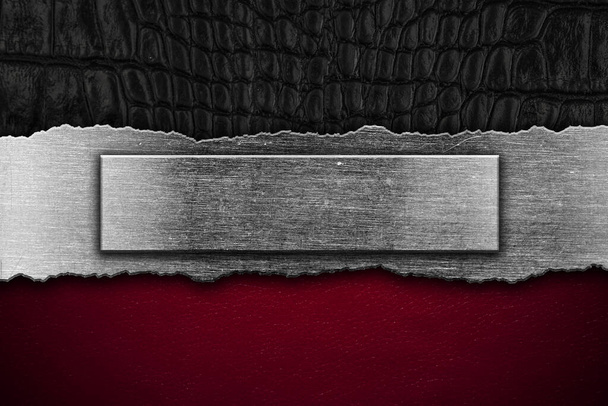 Fekete és piros bőr háttér ezüst elem. Luxus háttérkoncepció - Fotó, kép