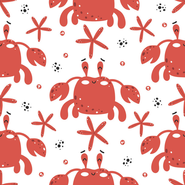 Seamless pattern with cute red crabs in the Scandinavian style with starfish - Фото, зображення