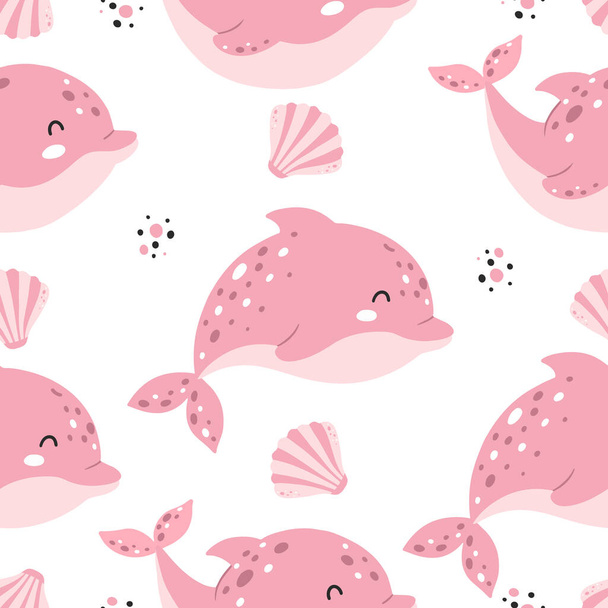 Seamless pattern with cute pink dolphins in scandinavian style for childrens print - Fotografie, Obrázek