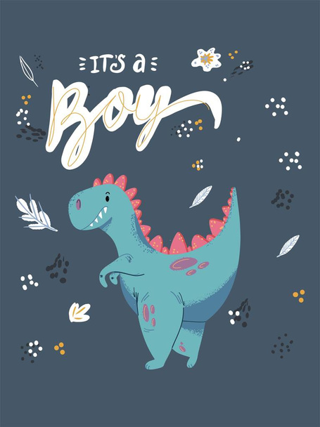 Bonito desenho animado pequeno dinossauro - ilustração vetorial. Bonito dino simples, é um menino cartão postal-Ótimo para projetar roupas de bebê. - Vetor, Imagem