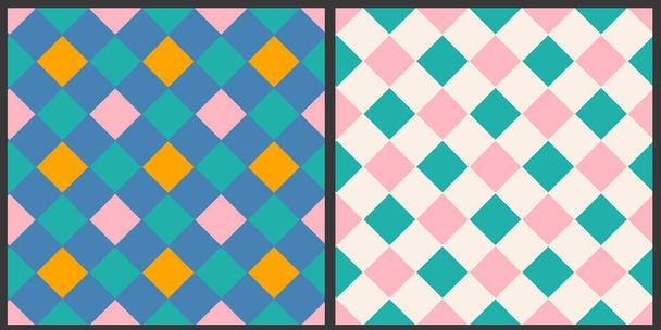 Set van abstracte naadloze vectorpatronen.Geometrische vierkanten. Roze, oranje, blauw.  - Vector, afbeelding