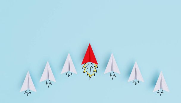 Red paper plane flying and leading white plane for leadership and business competition concept on blue background by 3d rendering. - 写真・画像