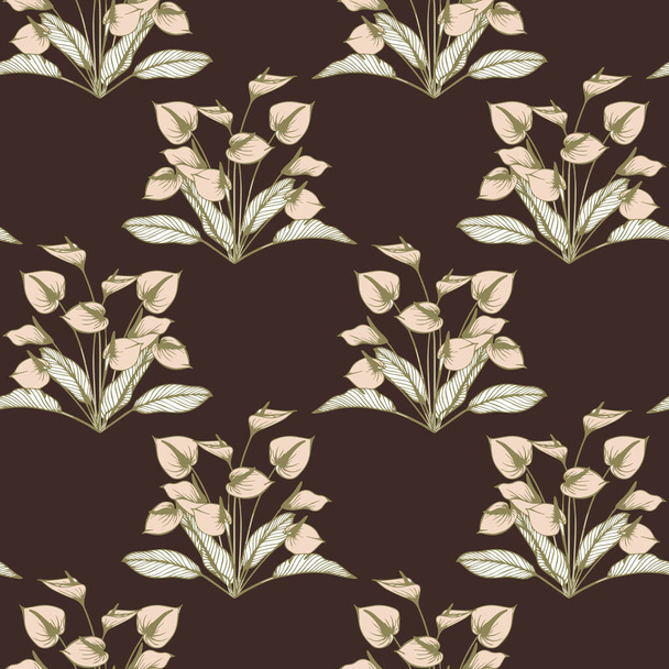 Bezszwowy wzór, narysowane bukiety kwiatów kalli na brązowym tle, tekstylia, tapety - Wektor, obraz