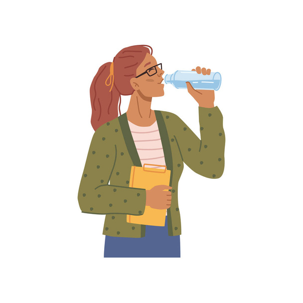 Student girl drinking bottled water, hydration - Vector, Image