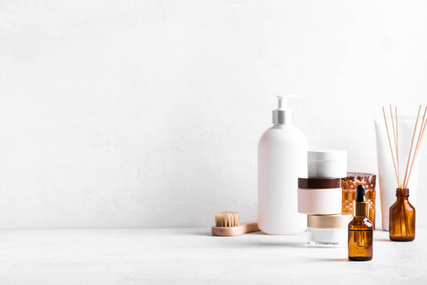 Beauty cosmetic skincare serum and products on white background, copy space. Set of jars, droppers and bottles. Spa, daily natural skin care routine concept. - 写真・画像