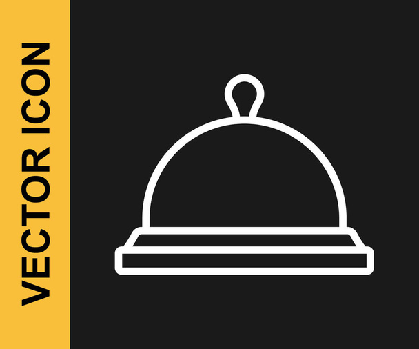 Linea bianca Coperta da un vassoio di icona del cibo isolato su sfondo nero. Segnale vassoio e coperchio. Cloche ristorante con coperchio. Vettore - Vettoriali, immagini