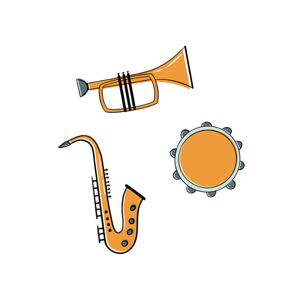 A set of musical instruments. Includes Icons Such As Saxophone, Horn, Tambourine. Colorful flat design style objects isolated on white background. Vector illustration - Vector, Image