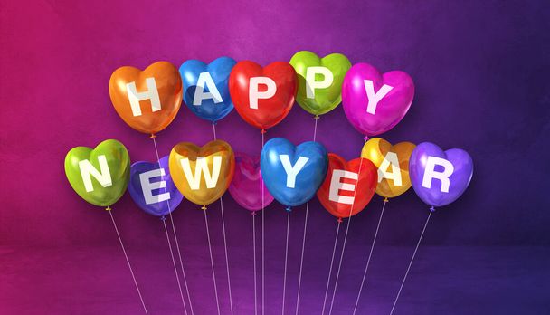 Mor beton arka planda renkli mutlu yeni yıl kalp şekilli balonlar. Yatay pankart. 3B illüstrasyon oluşturucu - Fotoğraf, Görsel