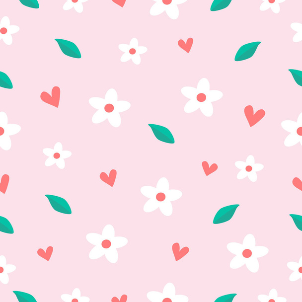 Sakura flowers with green leaves and red hearts on a pink background. Natural organic seamless pattern. - Vector, afbeelding
