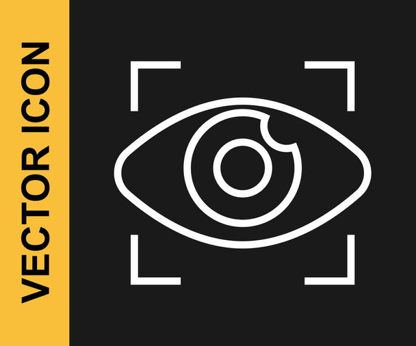 Línea blanca Gran hermano ojo electrónico icono aislado sobre fondo negro. Tecnología de vigilancia global, sistemas informáticos y seguridad de las redes. Vector - Vector, imagen