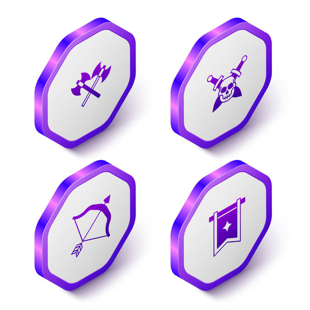 Set Isometric Crossed medieval axes, Skull with sword, Medieval bow and arrow and flag icon. Purple hexagon button. Vector - Vector, Image