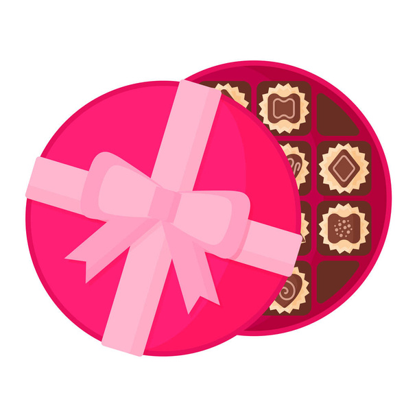 Boîte ronde ouverte rose de dessert au chocolat ou de bonbons avec glaçage pour la Saint-Valentin. - Vecteur, image