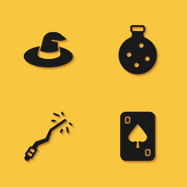 Set sombrero de bruja, naipes, varita mágica y botella con icono de poción con sombra larga. Vector - Vector, Imagen