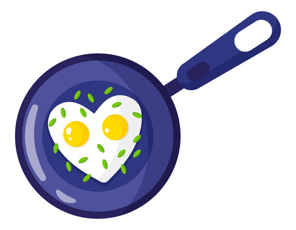 Pequeno-almoço numa frigideira. Omelete ou ovo mexido. Dia dos Namorados ou casamento. - Vetor, Imagem