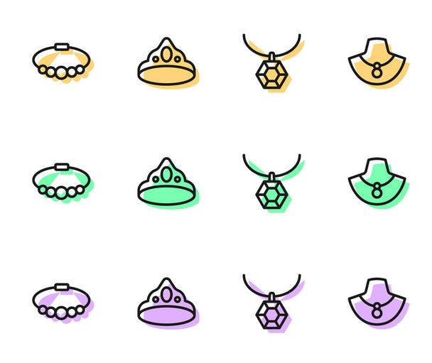 Set Linie Anhänger auf Halskette, Armband Schmuck, Königskrone und Halskette Schaufensterpuppe Symbol. Vektor - Vektor, Bild