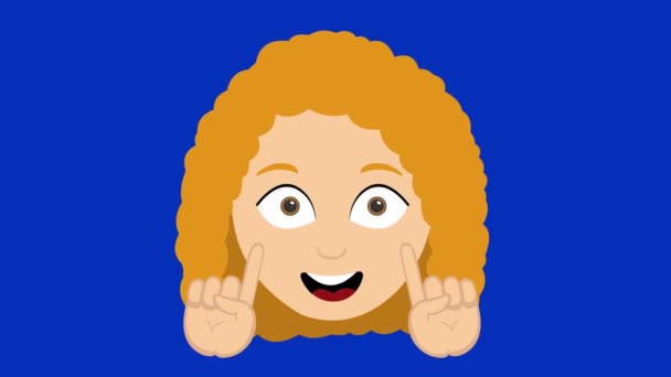 Кольцевая анимация лица мультяшной женщины, делающей неодобренный жест руками, на синем фоне - Кадры, видео