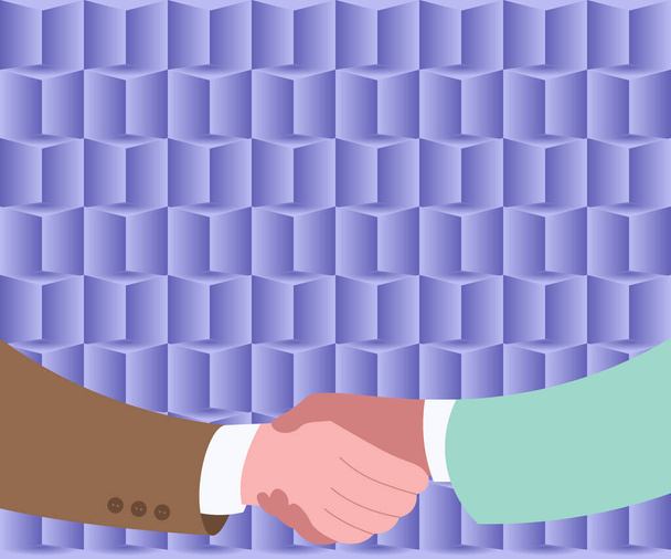 Two Men Drawing With Paper Background Shake Hands Presenting Agreement. Messieurs Serrer la main Faire des affaires et faire preuve de compréhension. - Vecteur, image