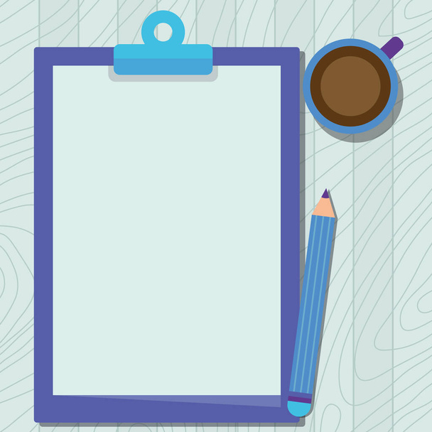 Illustration Of Large Pencil On Top Of Table Beside The Big Blank Clipboard And Coffee Mug. Empty Form Holder Drawing Beside Drinking Cup Placed At Desk. - Vector, Image