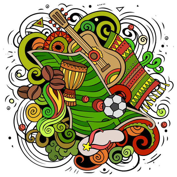 Brazilië cartoon raster doodle illustratie. Kleurrijke gedetailleerde samenstelling met veel Braziliaanse objecten en symbolen - Foto, afbeelding