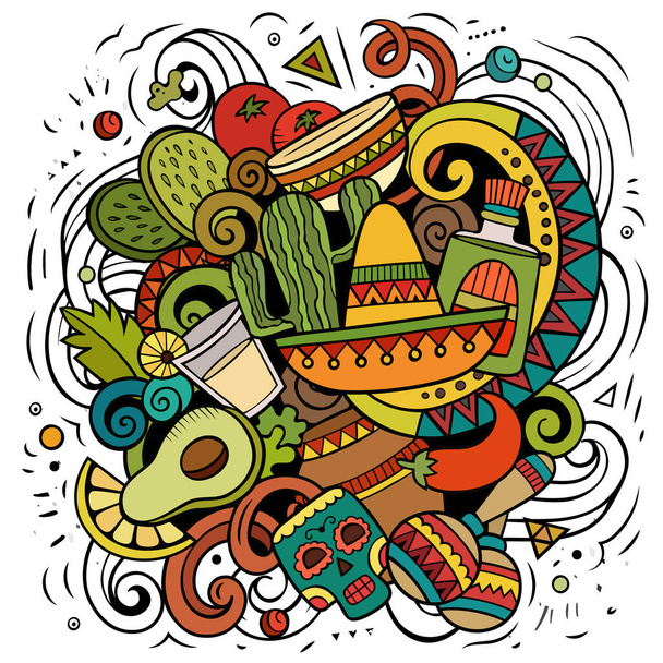 Мексиканський мультфільм про растрових каракулі. Колоритна детальна композиція з багатьма мексиканськими об'єктами та символами. - Фото, зображення