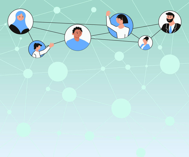 Différentes personnes en cercle bavardant ensemble et connectés par les médias sociaux. Groupe d'équipe se connectant entre eux avec les mêmes canaux. - Vecteur, image