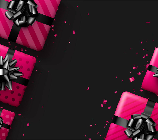 Pink gift boxes with black bow. Christmas, birthday, Velentine's day present. Vector holiday illustration. - Διάνυσμα, εικόνα