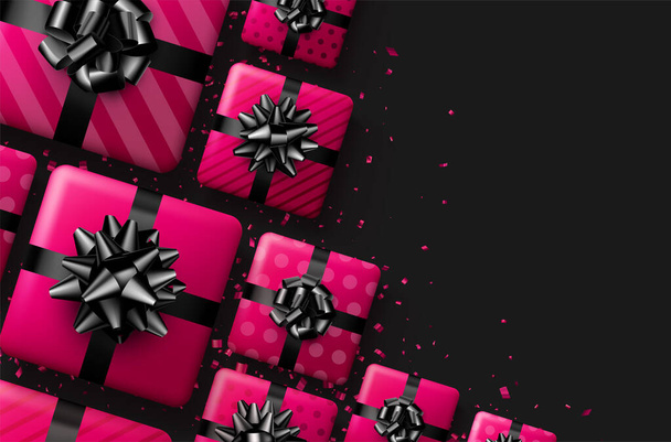 Pink gift boxes with black bow. Christmas, birthday, Velentine's day present. Vector holiday illustration. - Wektor, obraz
