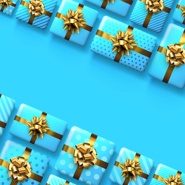 Blue gift boxes with golden bows. Christmas, birthday, Valentine's day present. Space fot text. Vector holiday illustration. - Вектор,изображение