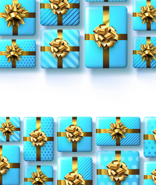 Blue gift boxes with golden bows. Christmas, birthday, Valentine's day present. Space fot text. Vector holiday illustration. - Vektori, kuva