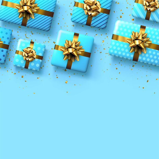 Blue gift boxes with golden bows. Christmas, birthday, Valentine's day present. Space for text. Vector holiday illustration. - Vector, Image