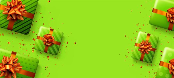 Green gift boxes with red bows. Christmas, birthday, Valentine's day present. Space for text. Vector holiday illustration. - Vector, afbeelding