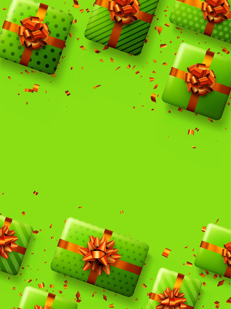 Green gift boxes with red bows. Christmas, birthday, Valentine's day present. Space for text. Vector holiday illustration. - Vector, afbeelding